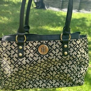 Tommy Hilfiger Black and Gold Patterned Shoulder Bag